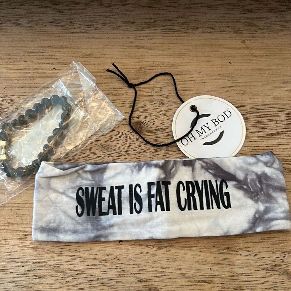 Fitness bundle "sweat is fat crying" grey tie-dye headband and stretch lava barb